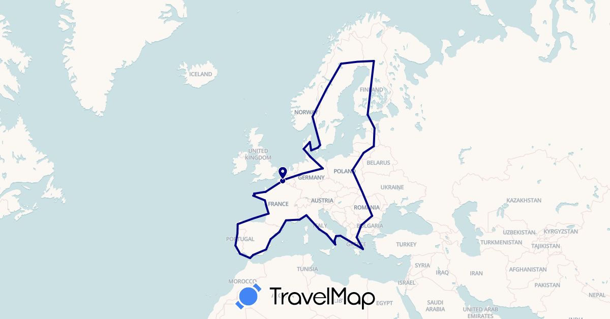 TravelMap itinerary: driving in Bulgaria, Germany, Denmark, Estonia, Spain, Finland, France, Gibraltar, Greece, Italy, Lithuania, Latvia, Monaco, Norway, Poland, Portugal, Romania, Sweden (Europe)